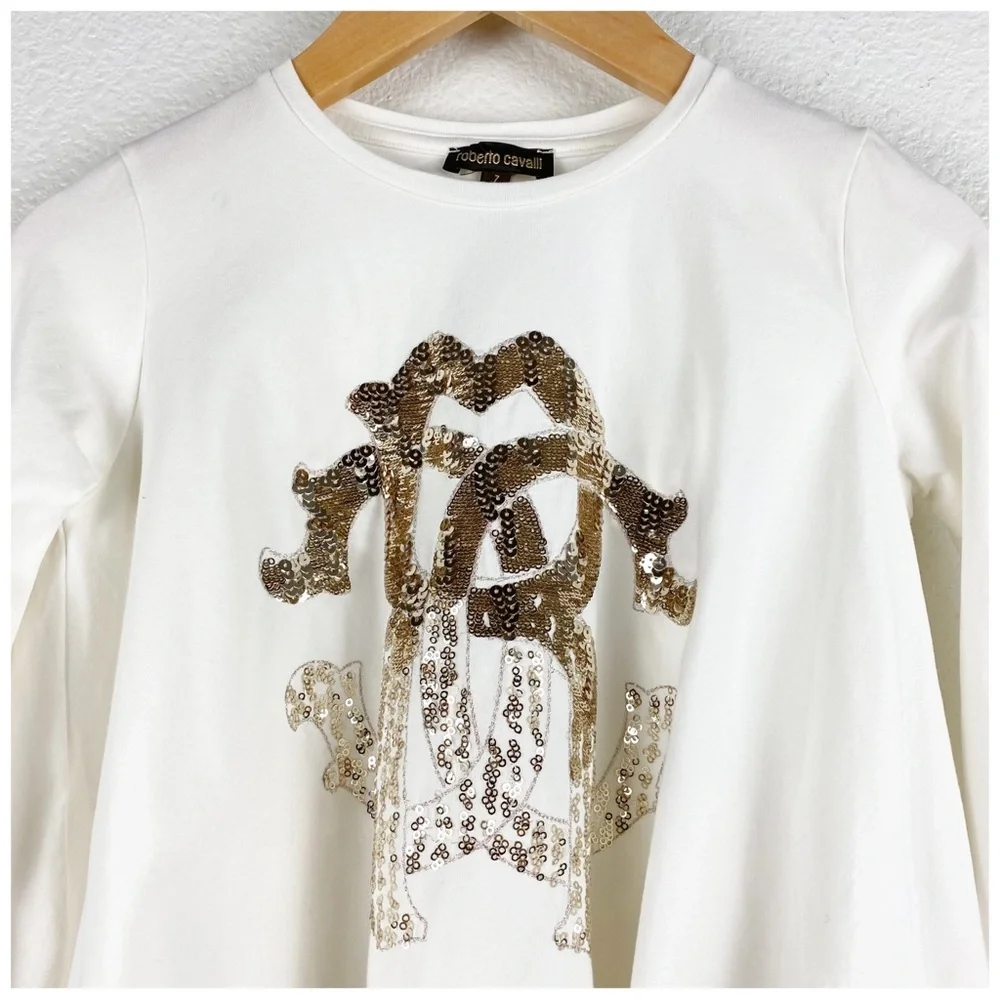 Roberto Cavalli Girl's White Gold Sequin Long Sleeve Top Size 7 Designer